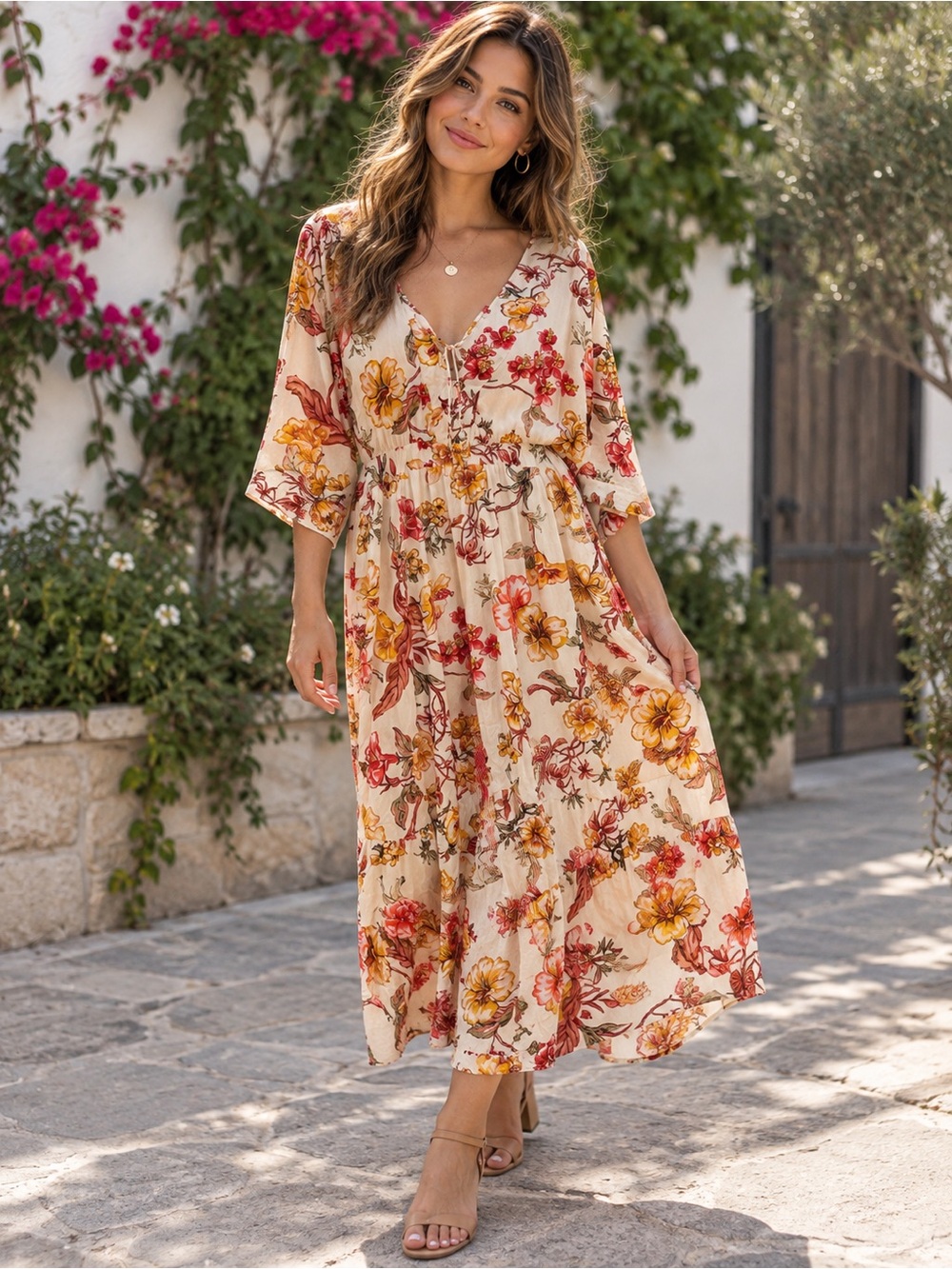 Cream Floral Maxi Dress with Red & Yellow Blooms